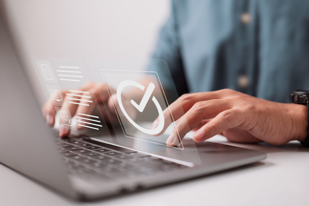Hands typing on a keyboard with graphics that represent calling software compliance features.
