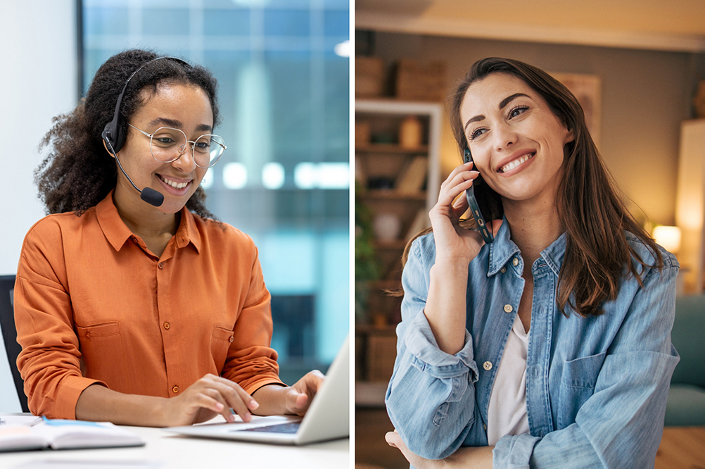 Two women on a successfully connected outbound call. The agent is smiling while using a headset and laptop, and the lead is smiling while talking on the phone.